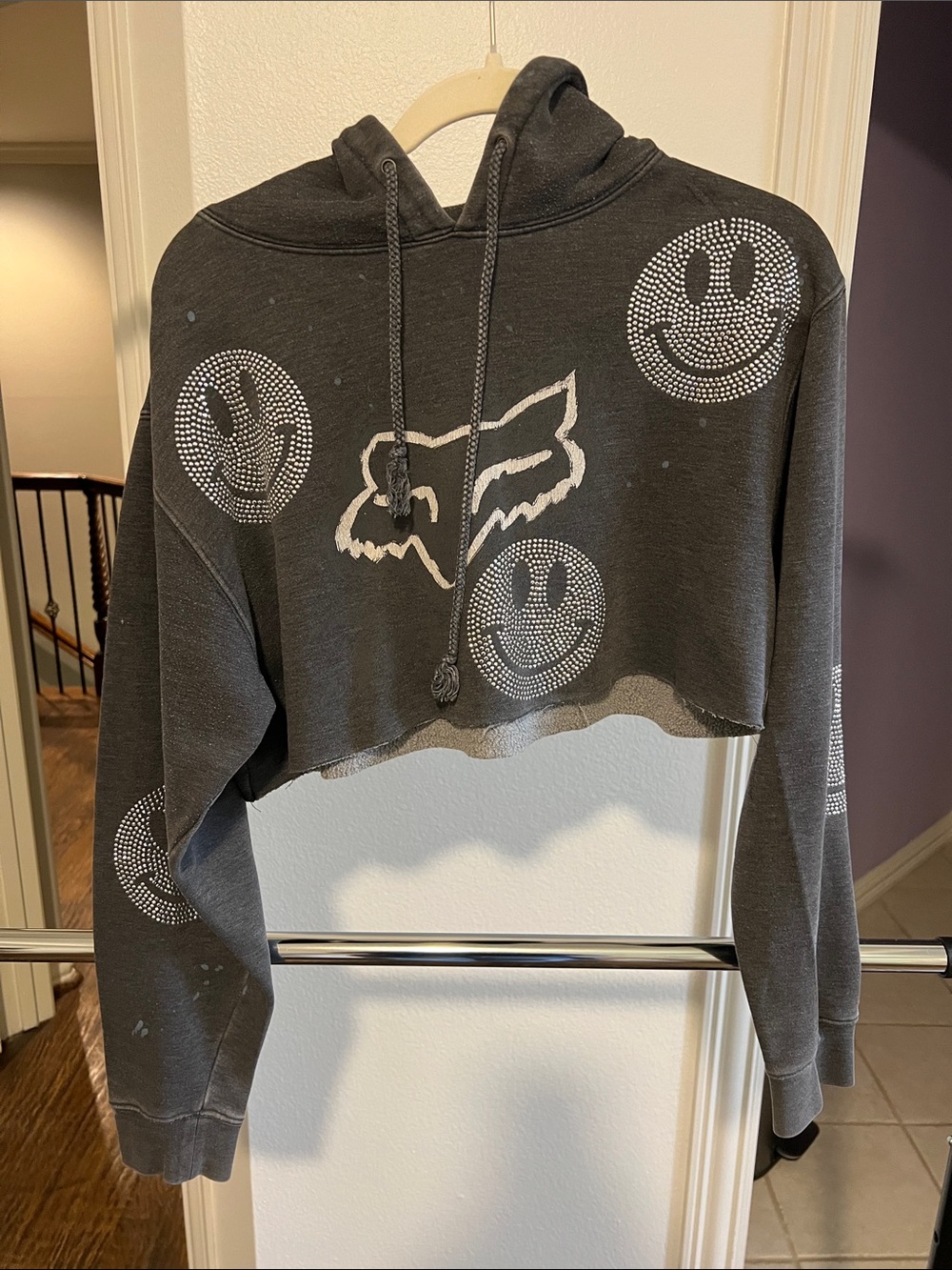 Custom Fox Charcoal Cropped Hoodie Sweatshirt Smiley Stud Details Iam Koko LA